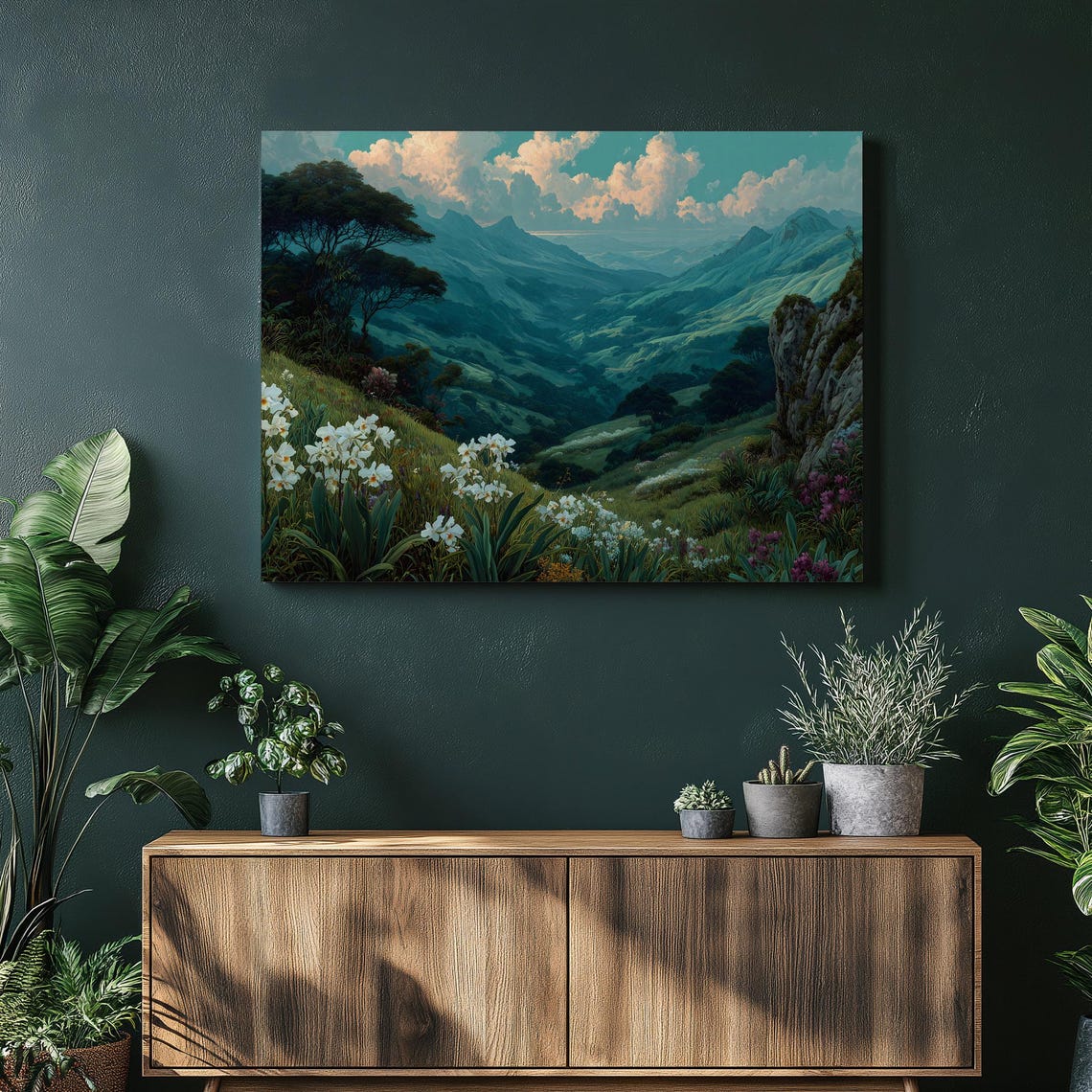 Majestic Green Valley Mountain Landscape Wildflower Scenery Poster