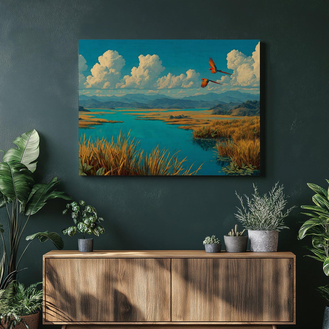 Scarlet Macaws Flying Over Tropical Wetland River Nature Wall Art