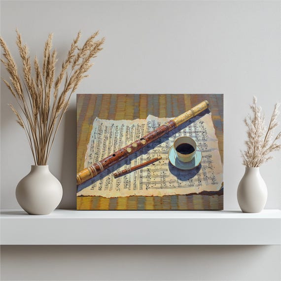 Flute Still Life Canvas Wall Art Vintage Coffee And Music Decor With Bamboo On Sheet Cup Painting Rustic Print Gift