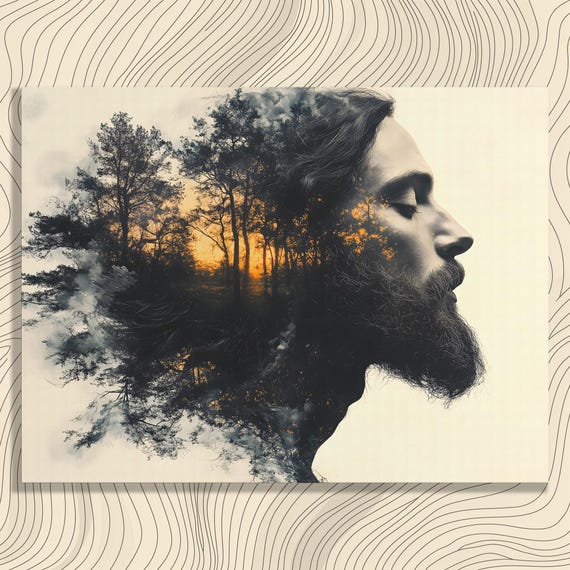 Surreal Double Exposure Canvas Wall Art Abstract Landscape Portrait Print Forest Watercolor Nature Painting Sunset Unique Decor