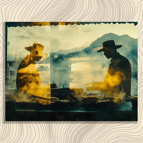 Silhouette Cooks Steaming Pans Mountain Dusk Canvas Wall Art
