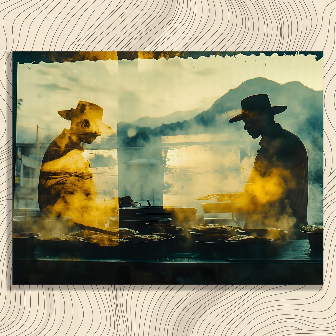 Silhouette Cooks Steaming Pans Mountain Dusk Canvas Wall Art
