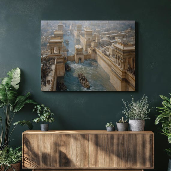 Ancient Babylon Canvas Wall Art Traditional Neoclassical Print Of Monumental Sandstone Walls River Boats And Gate Towers Decor