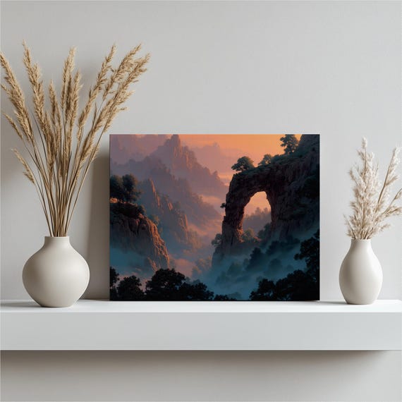 Mountain Sunrise Arch Canvas Wall Art Misty Valley Natural Rock Formation Colorful Forest Landscape Scenic Canyon Vista
