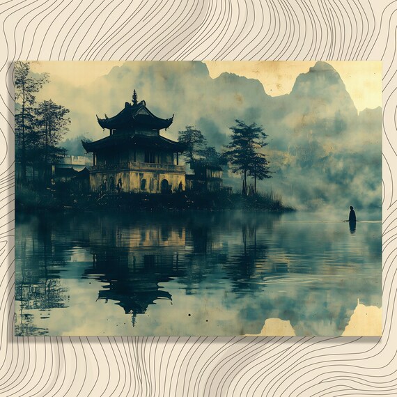 Vietnamese Lakeside Pagoda Canvas Wall Art Misty Temple Reflection Landscape Print Serene Mountain Lake Decor For Zen Calm Home