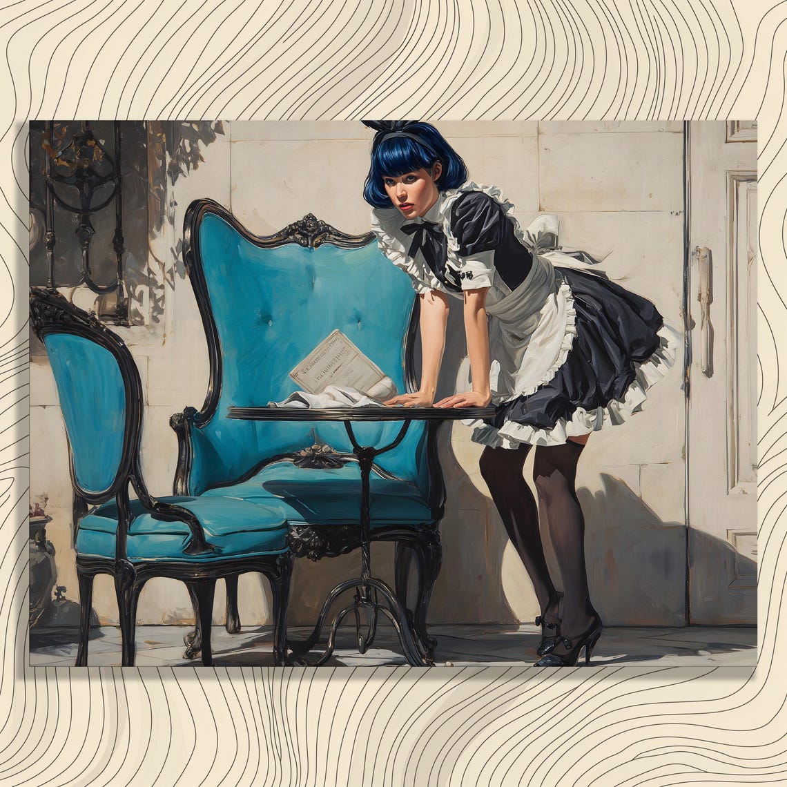 French Cafe Maid Serving Tea Blue Hair Realism Vintage Style Poster
