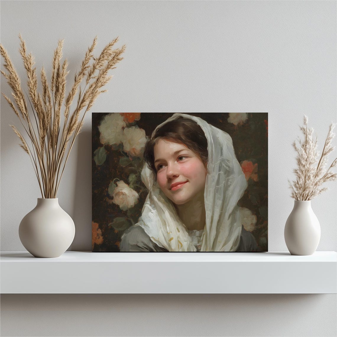 Girl White Veil Rose Garden Vintage Floral Portrait Romantic Poster