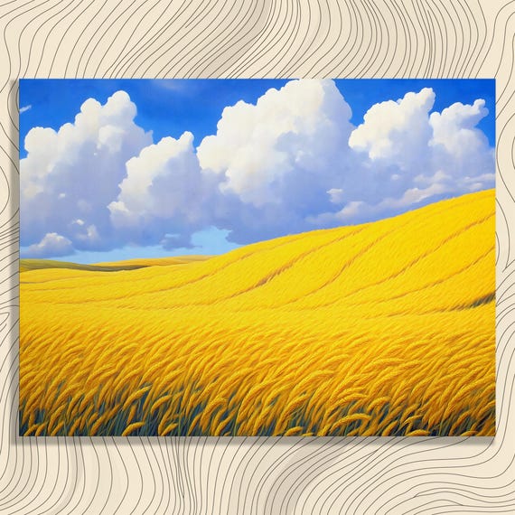 Vibrant Wheat Field Canvas Wall Art Blue Sky Clouds Rolling Hills Countryside Style Modern Scenic Landscape Colorful Nature Farmhouse