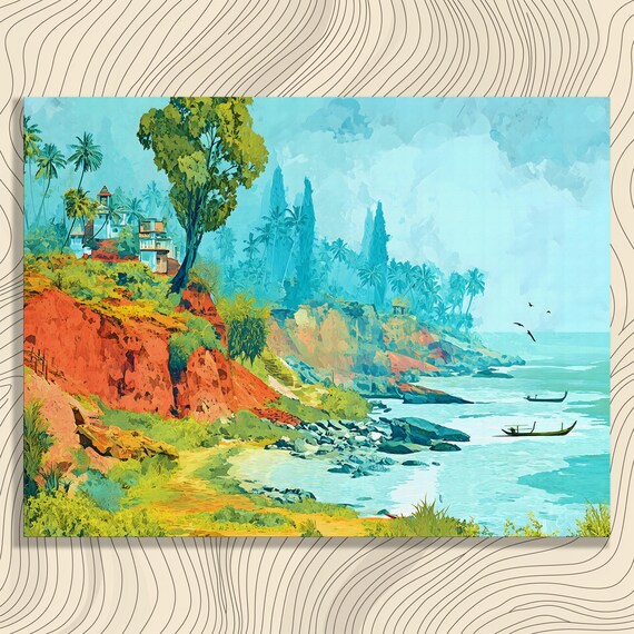 Tropical Red Cliffs And Turquoise Ocean Coastal Painting Poster
