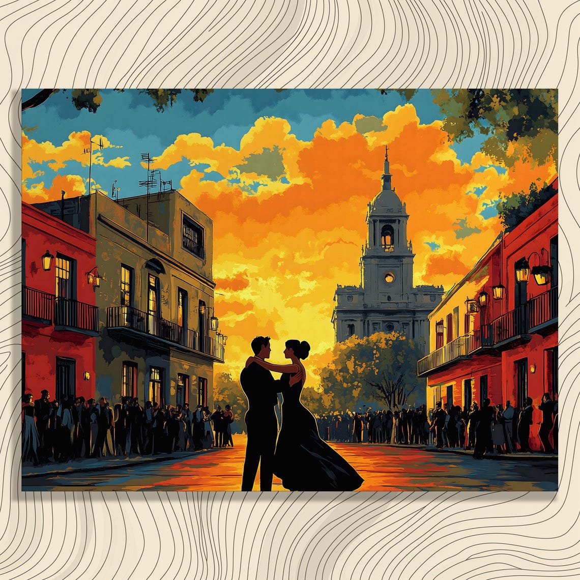 Romantic Dancing Couple Sunset Colonial Street Vintage Poster