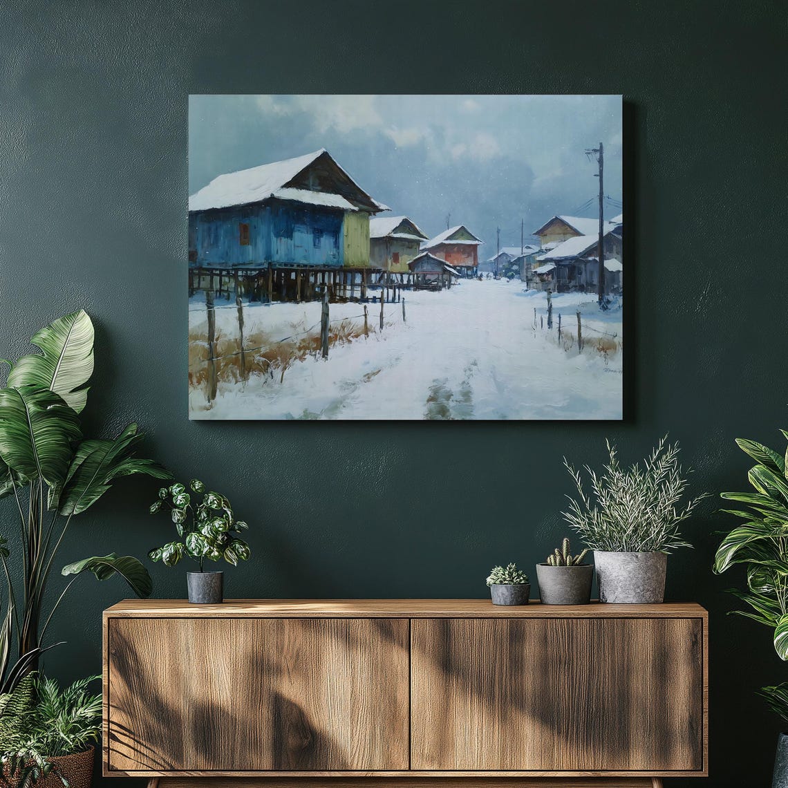 Snowy Stilt House Village Winter Impressionist Painting Rustic Poster