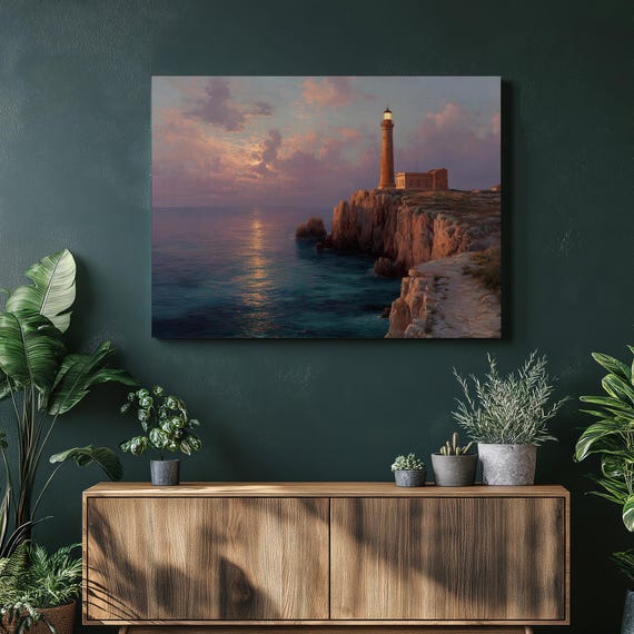 Lighthouse Canvas Wall Art Dramatic Sunset Seascape Coastal Cliff Print Nautical Decor Ocean Landscape Rocky Artistry