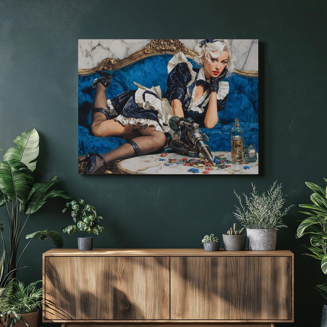 Vintage Pinup Maid Canvas Style Retro Glamour Lounge Scene Poster