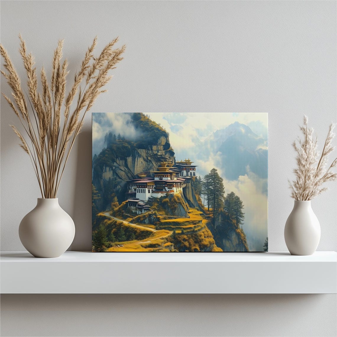 Bhutan Cliff Monastery Canvas Wall Art Serene Himalayan Temple Landscape Print Misty Mountain Valley Zen Travel Decor Panoramic Scene