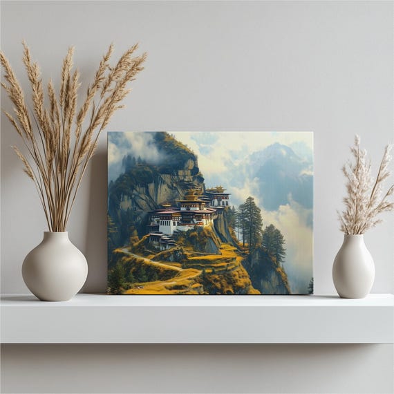 Bhutan Cliff Monastery Canvas Wall Art Serene Himalayan Temple Landscape Print Misty Mountain Valley Zen Travel Decor Panoramic Scene