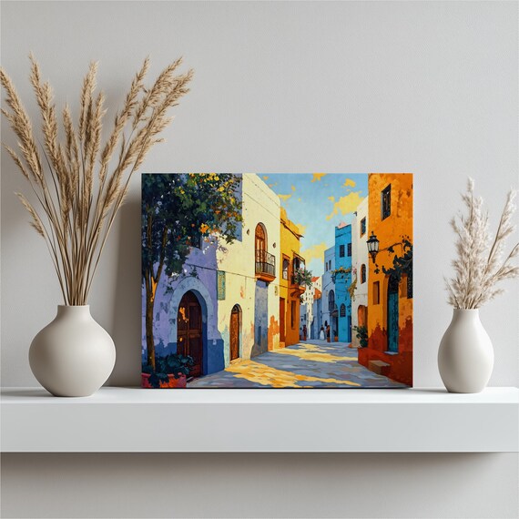 Moroccan Medina Sunlit Old Town Street Painting Canvas Wall Art
