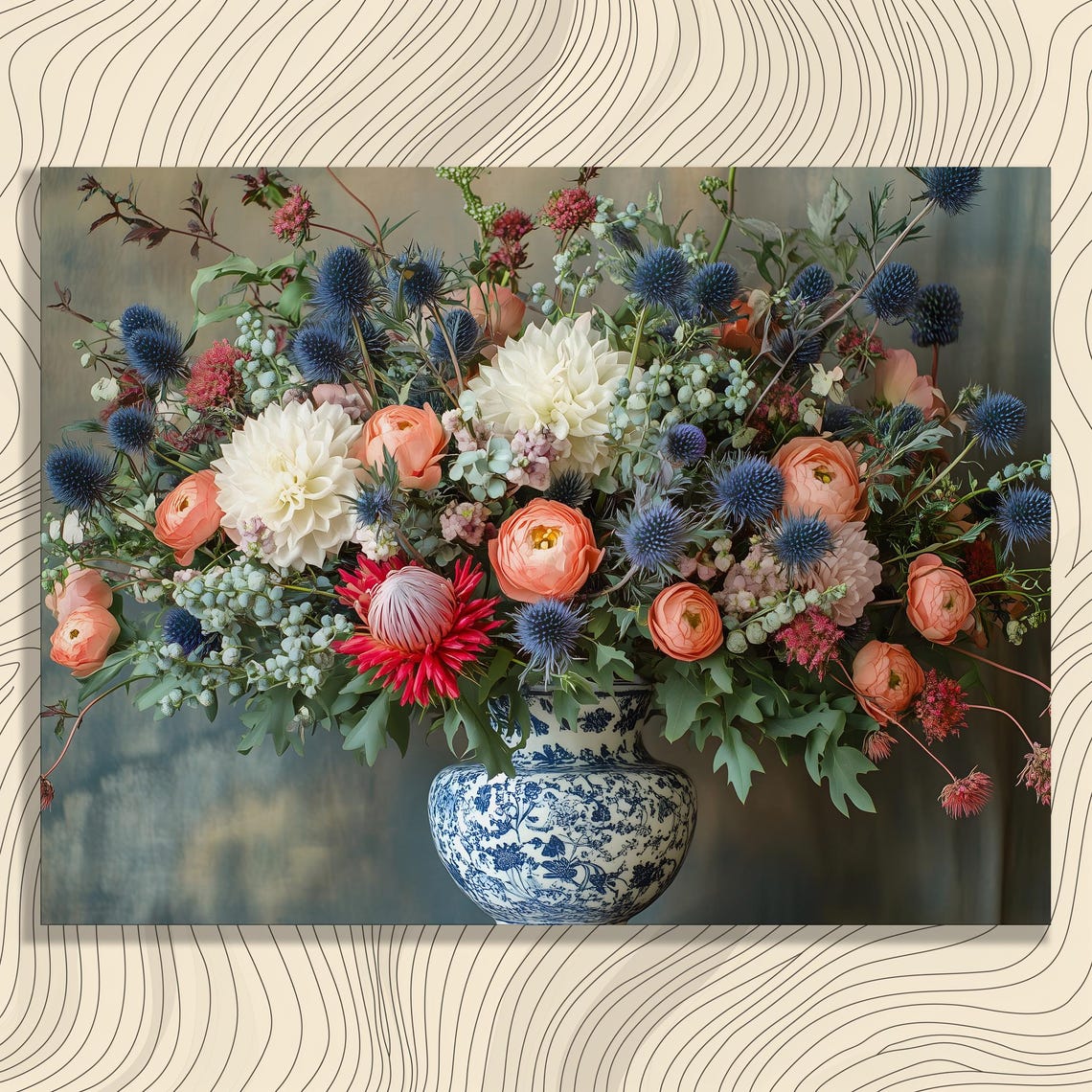 Vibrant Floral Canvas Wall Art Classic Victorian Still Life Blue White Vase Spring Botanical Bouquet Decor Painting Print Gift