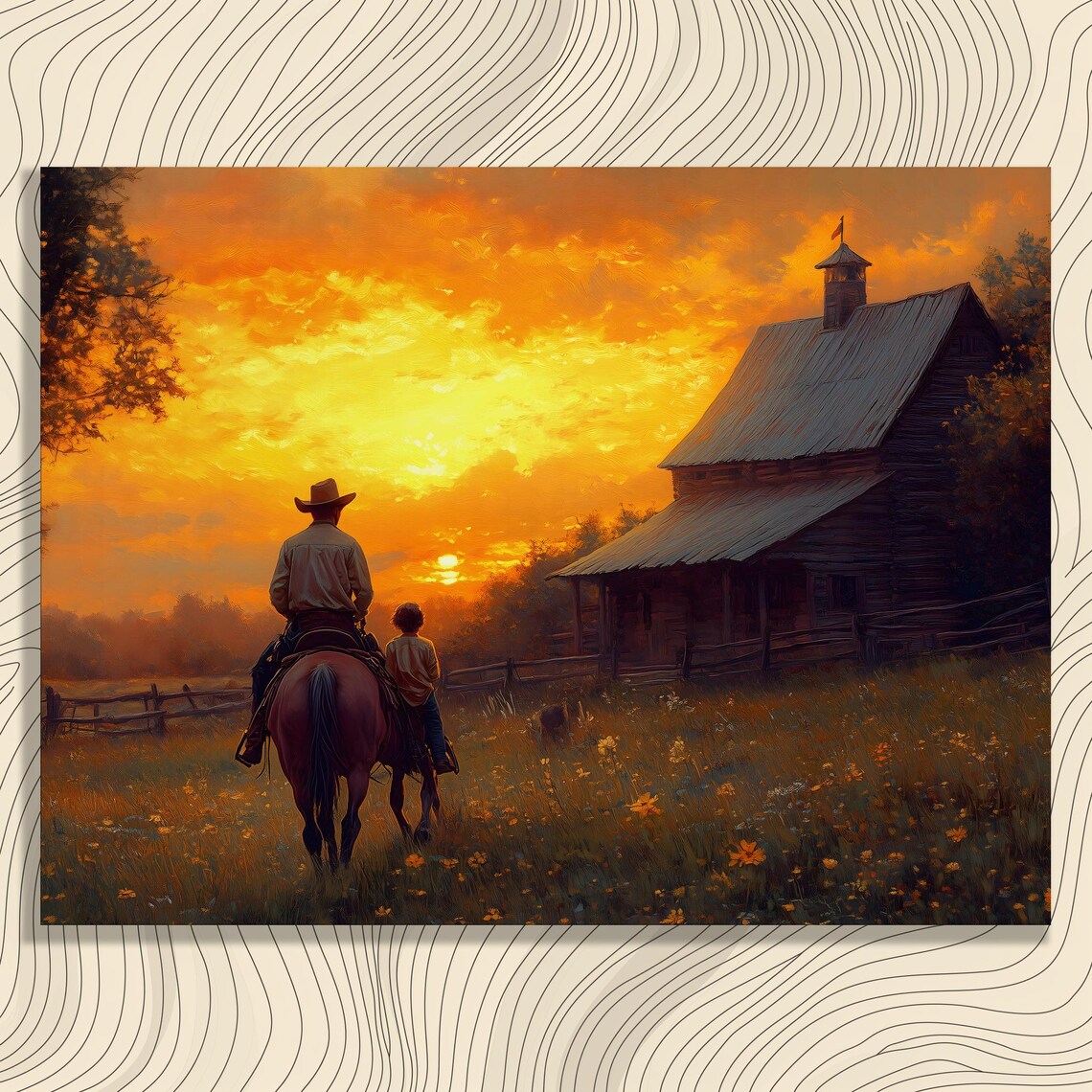 Cowboy Sunset Art Print, Vintage Western Landscape