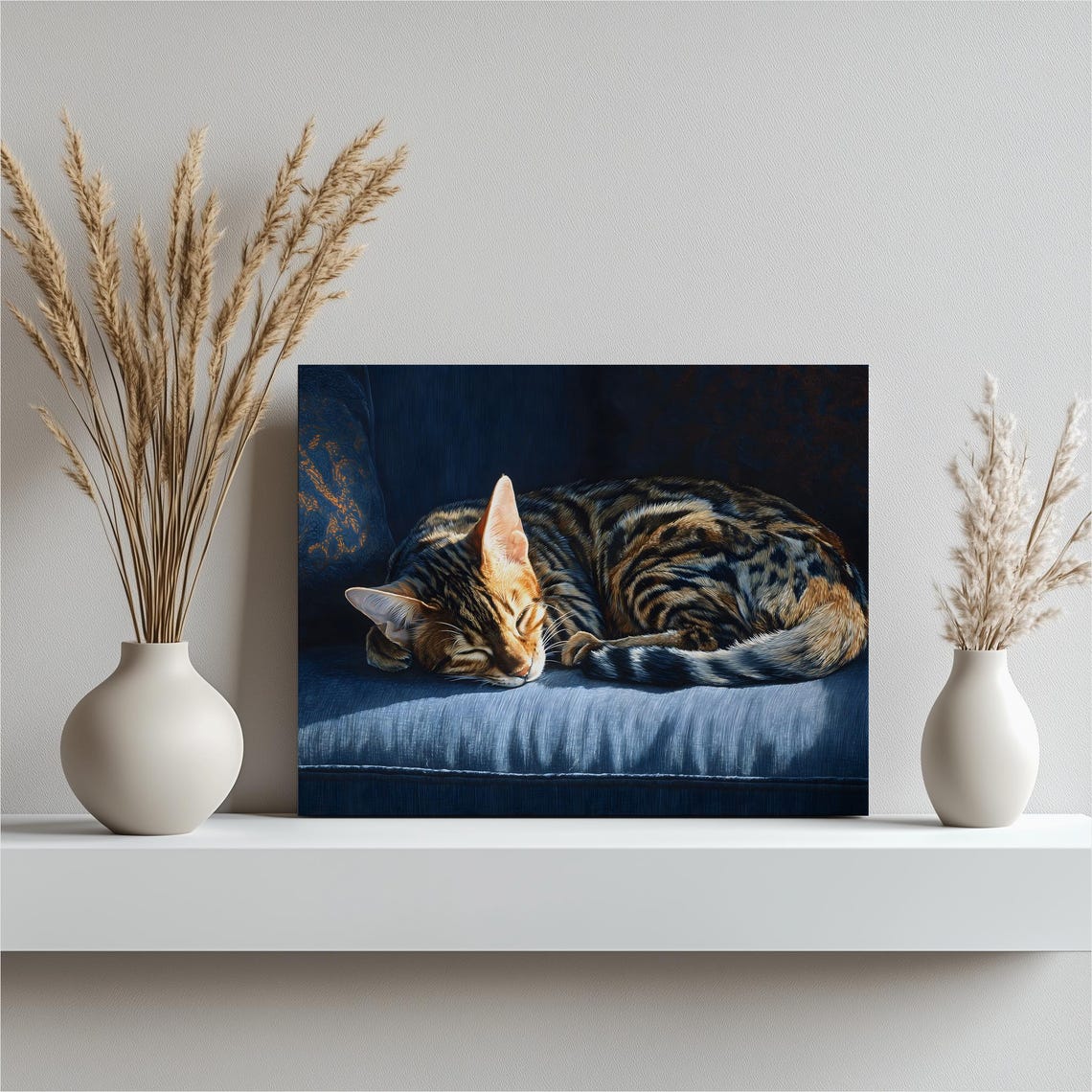 Sleeping Bengal Cat on Blue Chair Cozy Feline Painting Poster