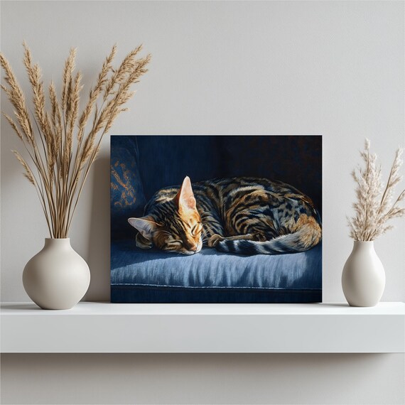 Sleeping Bengal Cat on Blue Chair Cozy Feline Painting Poster