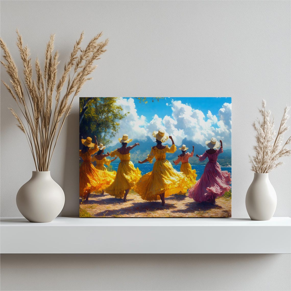 Tropical Dancers Beach Yellow Dresses Impressionist Ocean Wall Art
