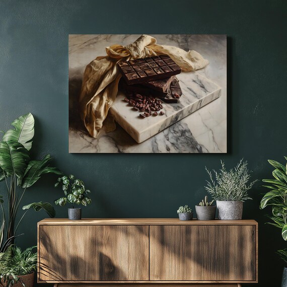 Dark Chocolate Bars Cocoa Beans Still Life on Marble Kitchen Art Print