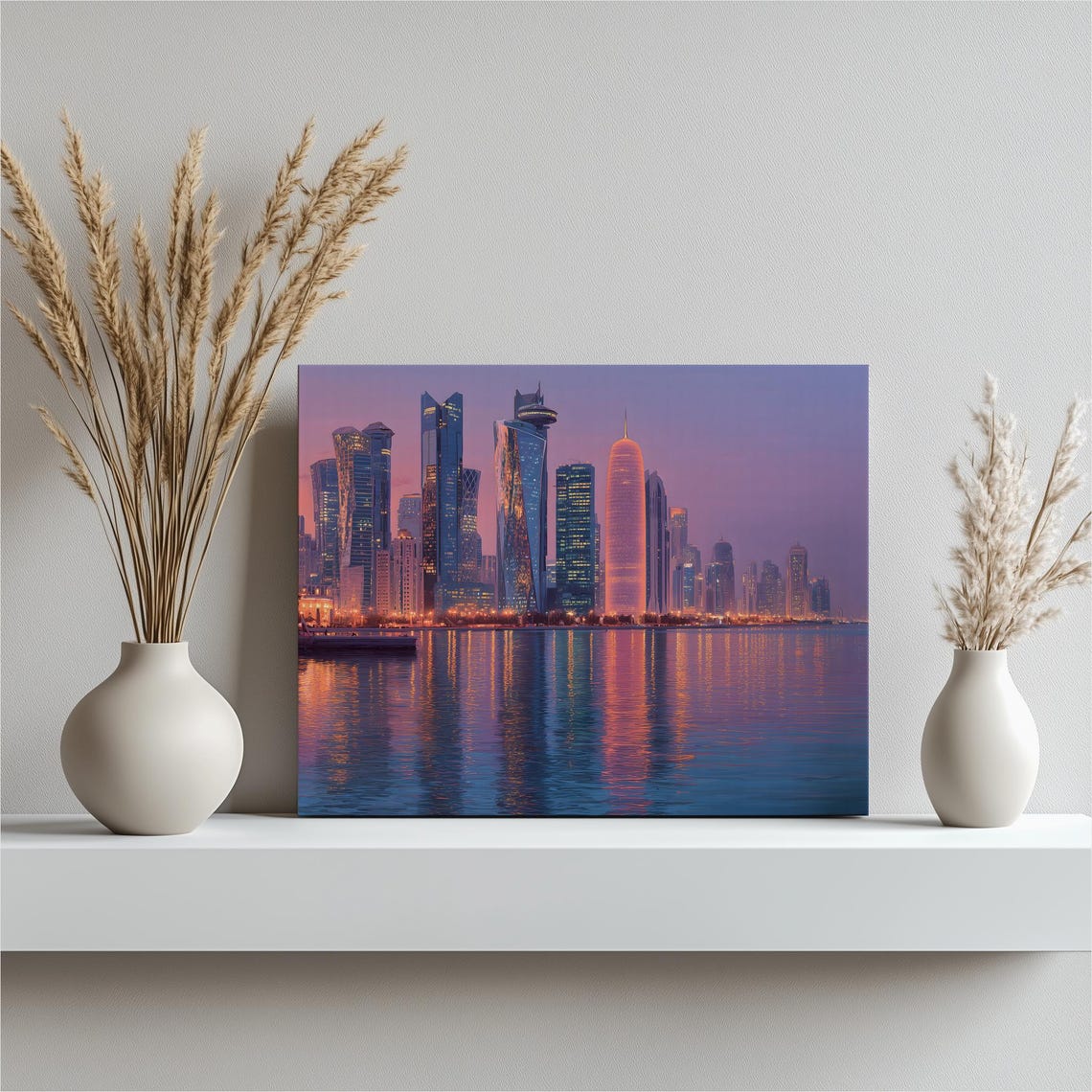 Glowing City Skyline At Dusk Waterfront Reflection Cityscape Poster