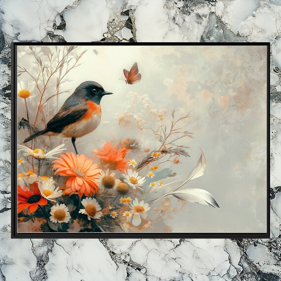 Nightingale Canvas Wall Art Vibrant Bird Painting With Abstract Background And Bouquet Of Wildflowers Ideal For Living Room Decoration