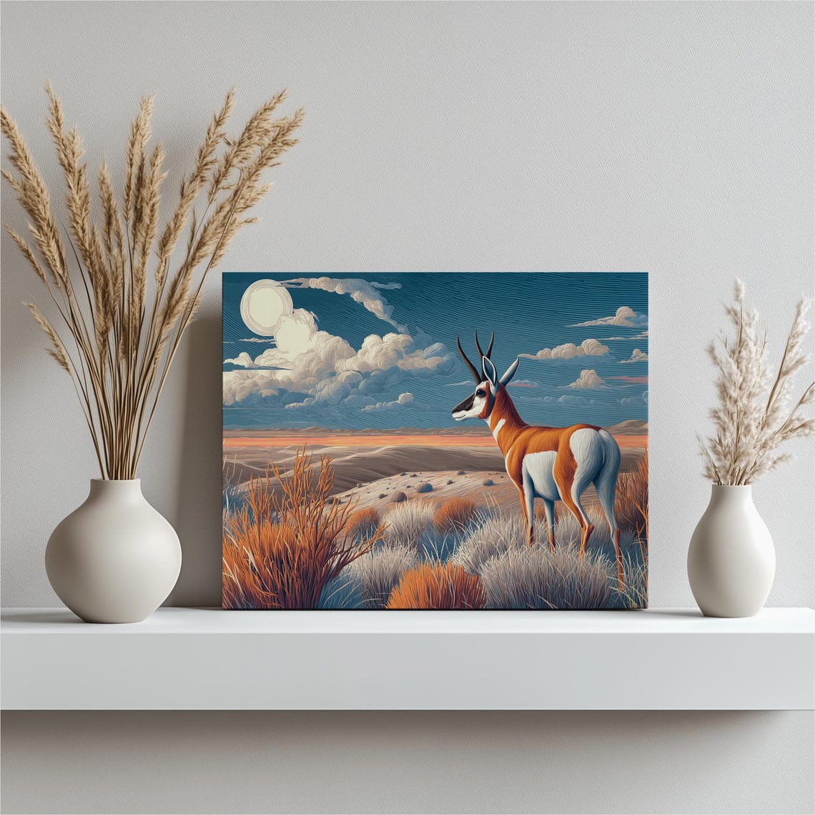 Pronghorn Antelope Desert Night Moonlit Western Wildlife Art Print