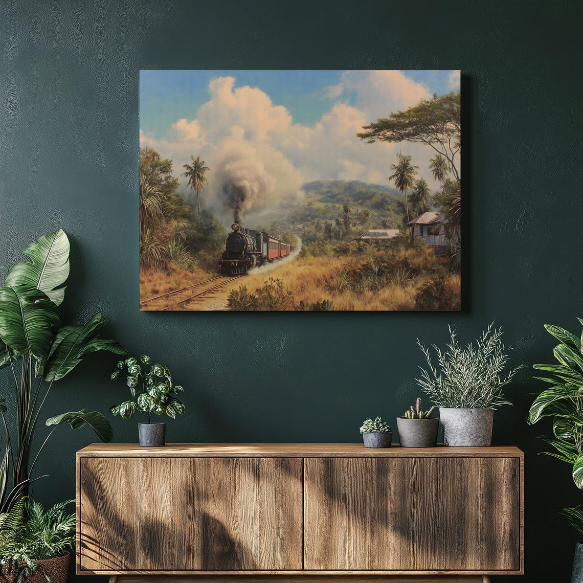 Vintage Steam Train Tropical Jungle Railway Nostalgic Art Poster
