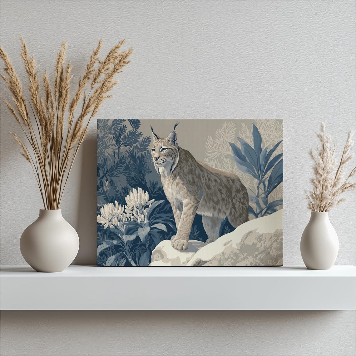 Elegant Lynx on Rocks Blue Botanical Foliage Wildcat Art Print