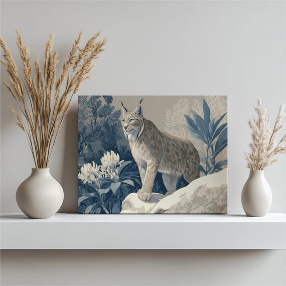 Lynx Botanical Modern Canvas Wall Art Wildlife Illustration Blue Beige Mountain Landscape Nature Print Contemporary Animal Decor Gift