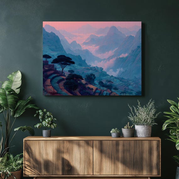 Dreamy Mountain Landscape Canvas Wall Art Pastel Sunset Valley Terraced Fields Misty Hills Pink Sky Blue Green Decor Colorful Nature Print