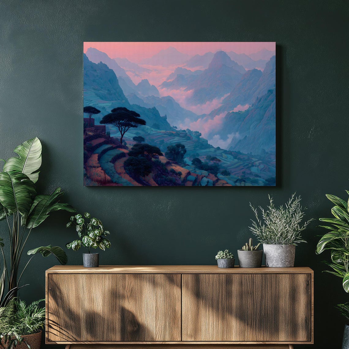 Pink Blue Misty Mountain Valley Terraced Fields Dreamy Art Print