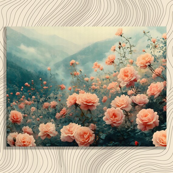 Pink Roses Blooming Misty Mountains Romantic Floral Painting Poster