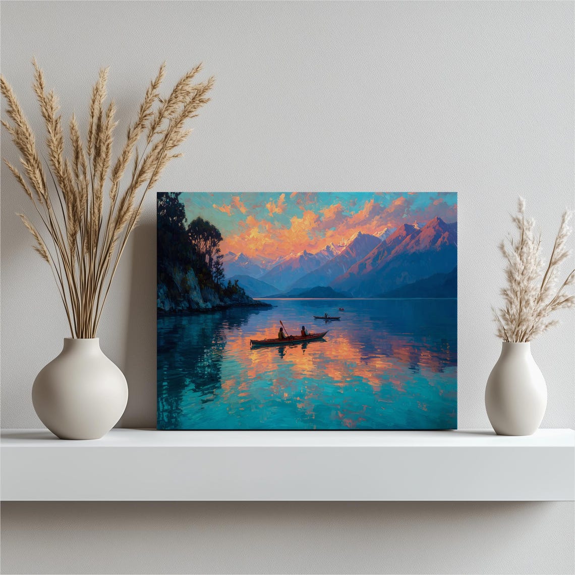 Kayakers Paddling on a Mountain Lake at a Colorful Sunset Poster