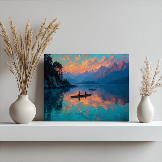 Kayak Sunset Mountain Lake Canvas Wall Art Colorful Nature Painting With Reflection Clouds Sky Pastel Tones Outdoor Adventure Decor Gift