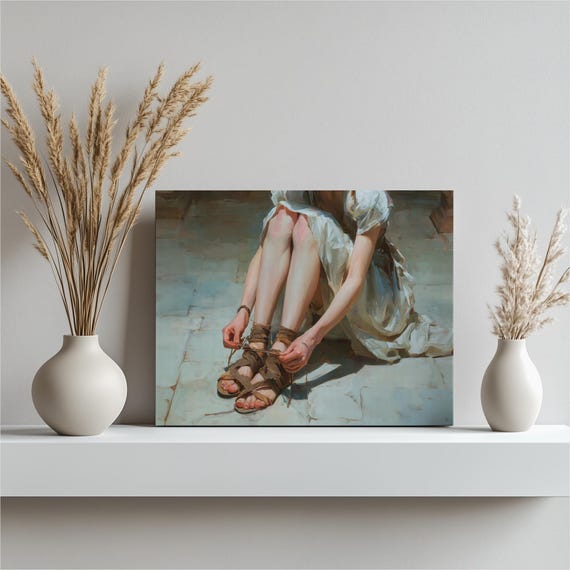 Graceful Woman Canvas Wall Art Tying Sandals White Dress Sunlit Realism Figurative Painting Neutral Beige Tones Rustic Stone Floor Decor
