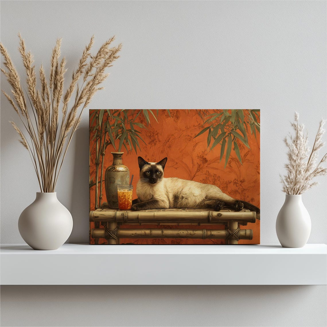 Siamese Cat On Bamboo Bench Tropical Orange Canvas Painting Poster