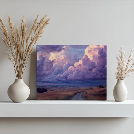 Dramatic Prairie Landscape Canvas Wall Art Sunset Clouds Field Print Countryside Sky Decor Pastel Purple Scenery Gift