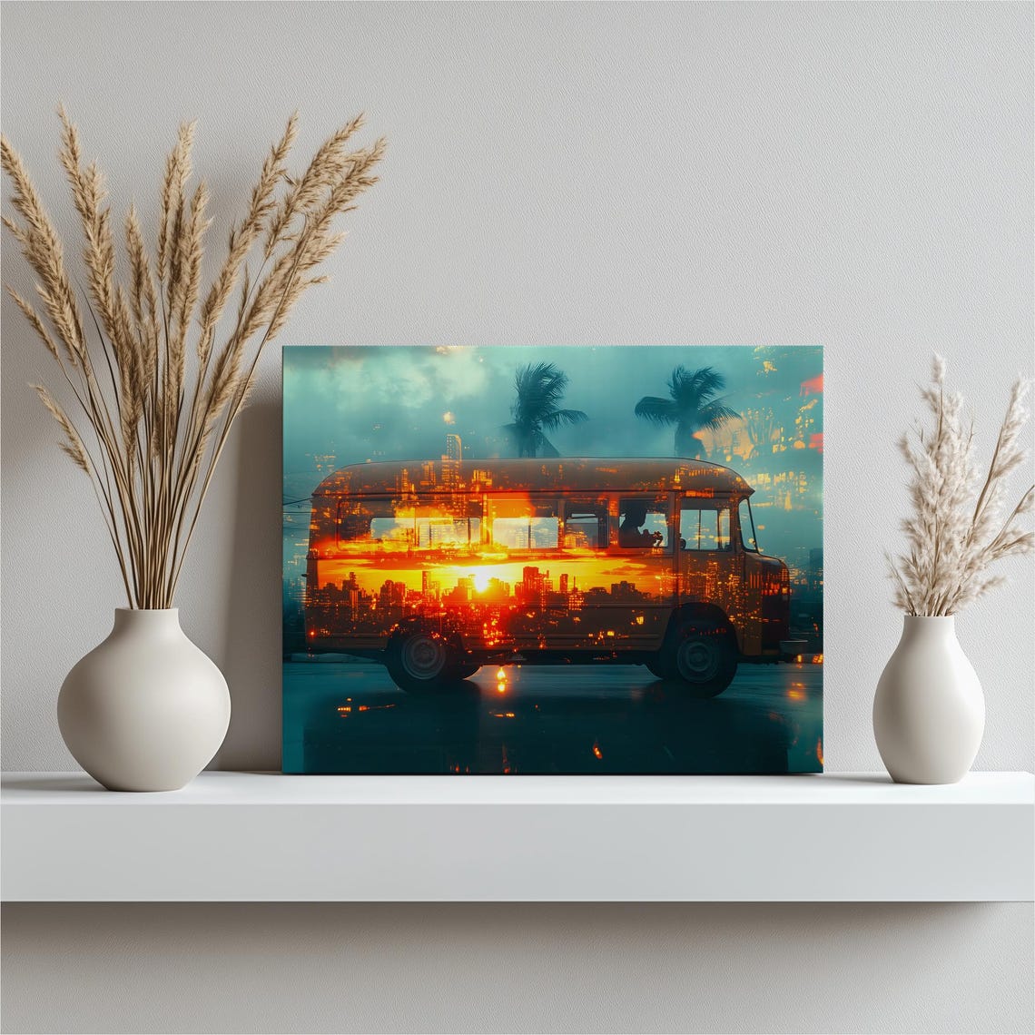 Filipino Jeepney Cityscape Canvas Wall Art Tropical Urban Silhouette With Palm Trees And Skyline Reflections