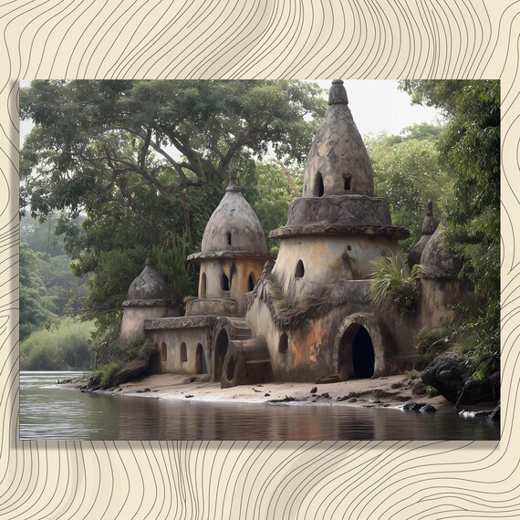 Ancient Jungle Temples by the River Stone Domes and Tower Art Poster