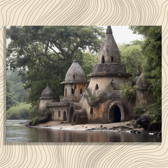 Mud Hut Village Canvas Wall Art Rustic Decor Tribal Home Silhouette Riverside Nature Print Tropical Forest Landscape Scene