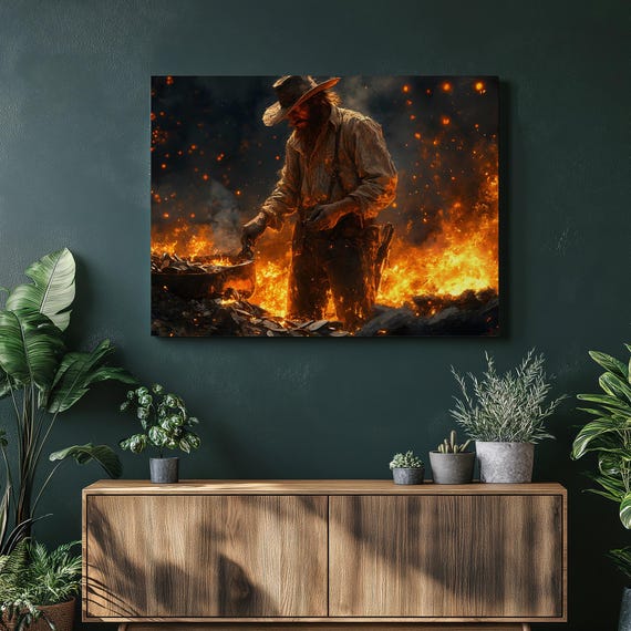 Blacksmith Forge Fire Canvas Wall Art Rustic Industrial Decor Foundry Workshop Scene With Molten Metal Glow Metalwork Print Artisan Gift