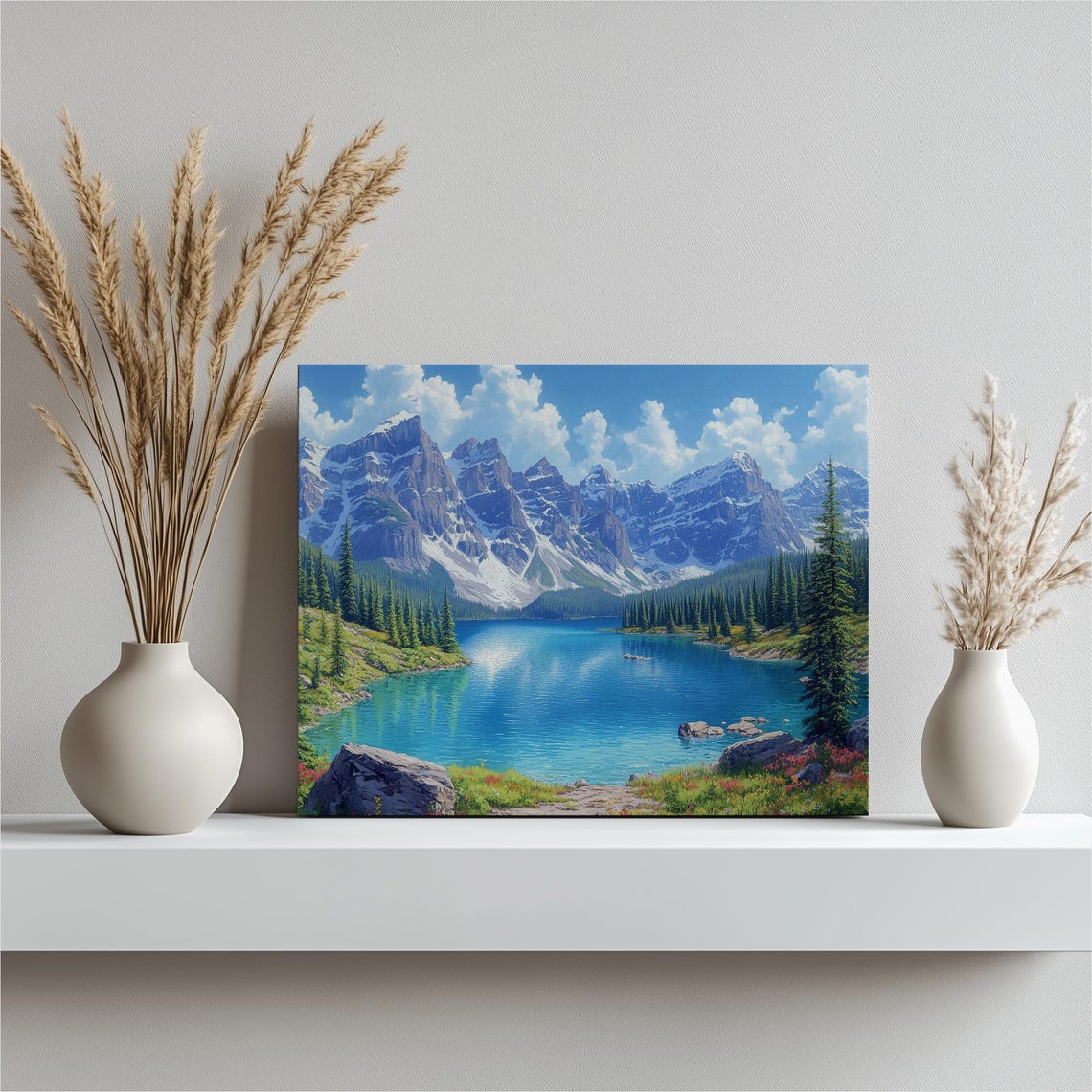 Alpine Turquoise Lake Snowy Peaks Pine Forest Scenic Mountain Poster