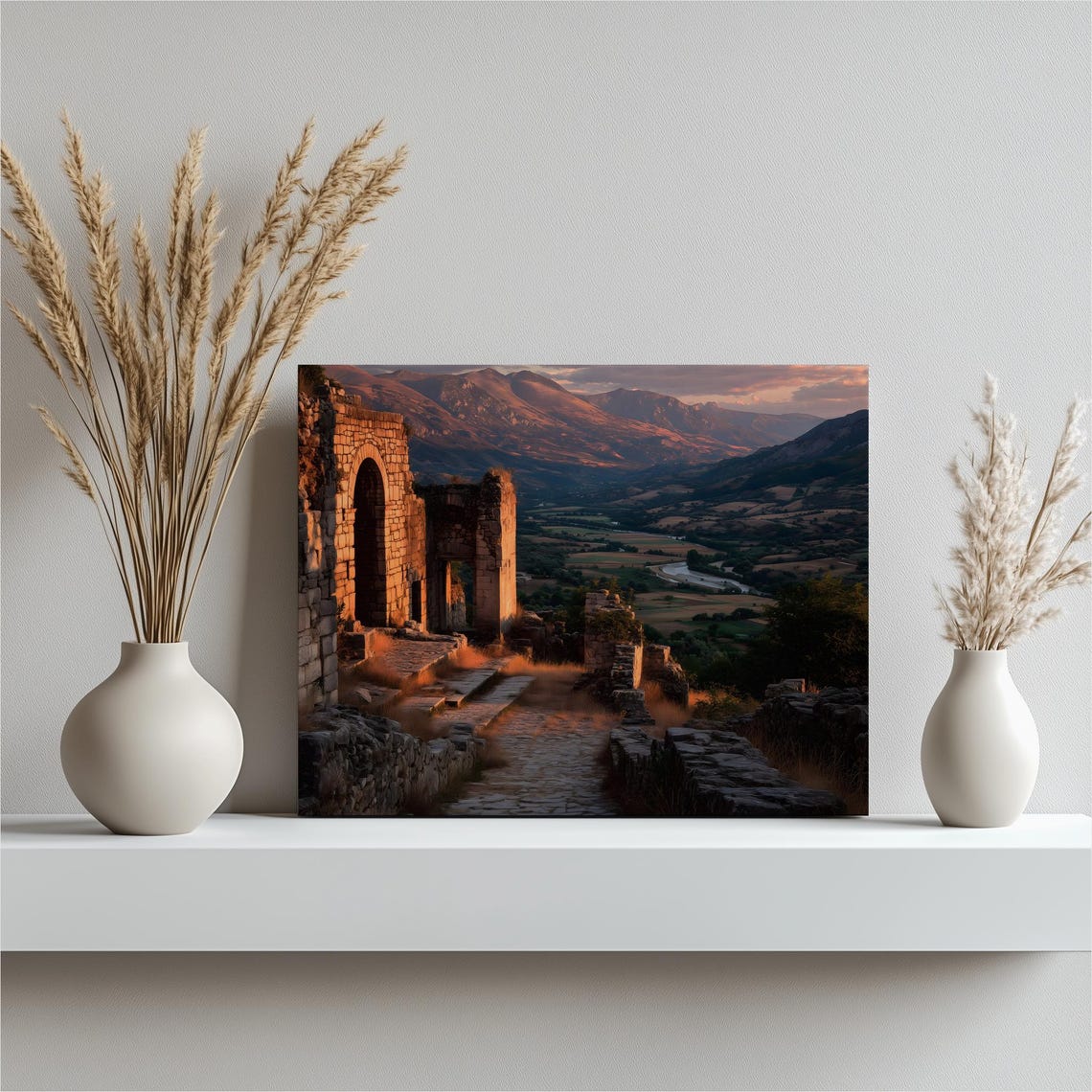Ancient Mountain Ruins Sunset Stone Archway Golden Valley View Poster