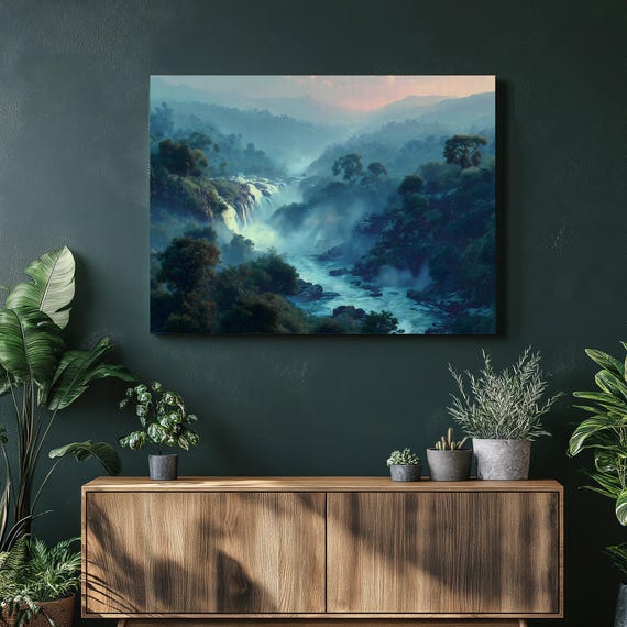 Waterfall Mountain Landscape Canvas Wall Art Serene Misty River Forest Print Traditional Nature Decor Scenic Wilderness