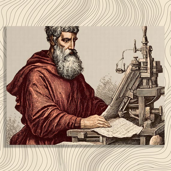 Vintage Printing Press Canvas Wall Art Letterpress Illustration Medieval Printer Decor Historical Typography Early Type Inspired