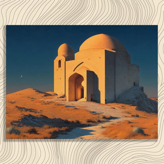 Desert Mausoleum Night Canvas Wall Art Moonlit Dunes Pathway Dome Architecture Artwork Timeless Sunset Sky Landscape