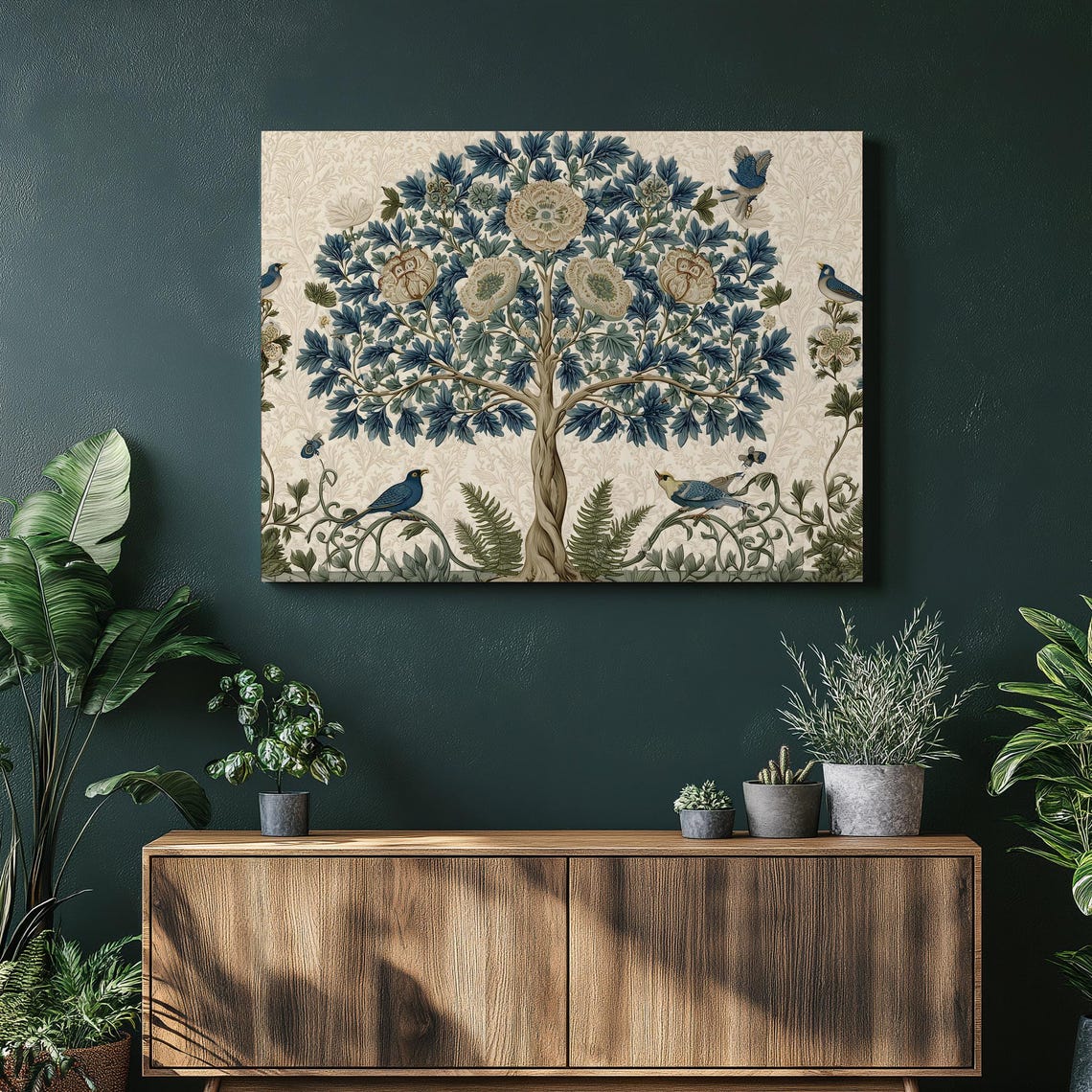 Tree of Life Blue Green Botanical Bird Floral Vintage Nature Poster